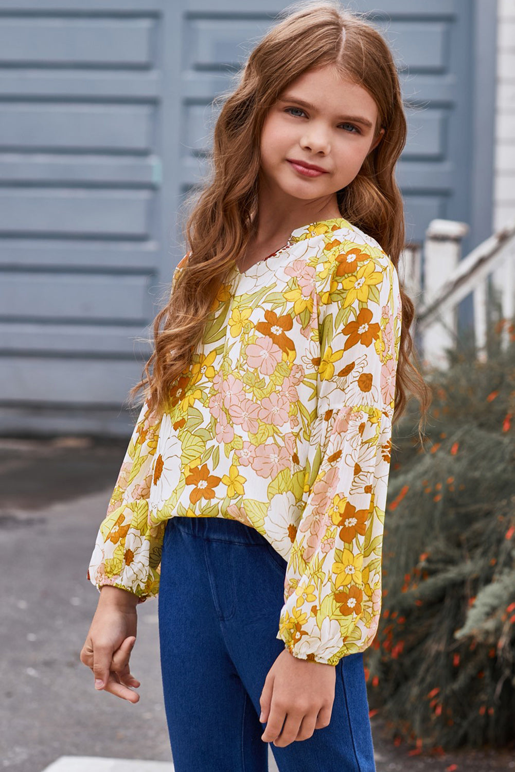 Girls Printed Notched Neck Puff Sleeve Blouse