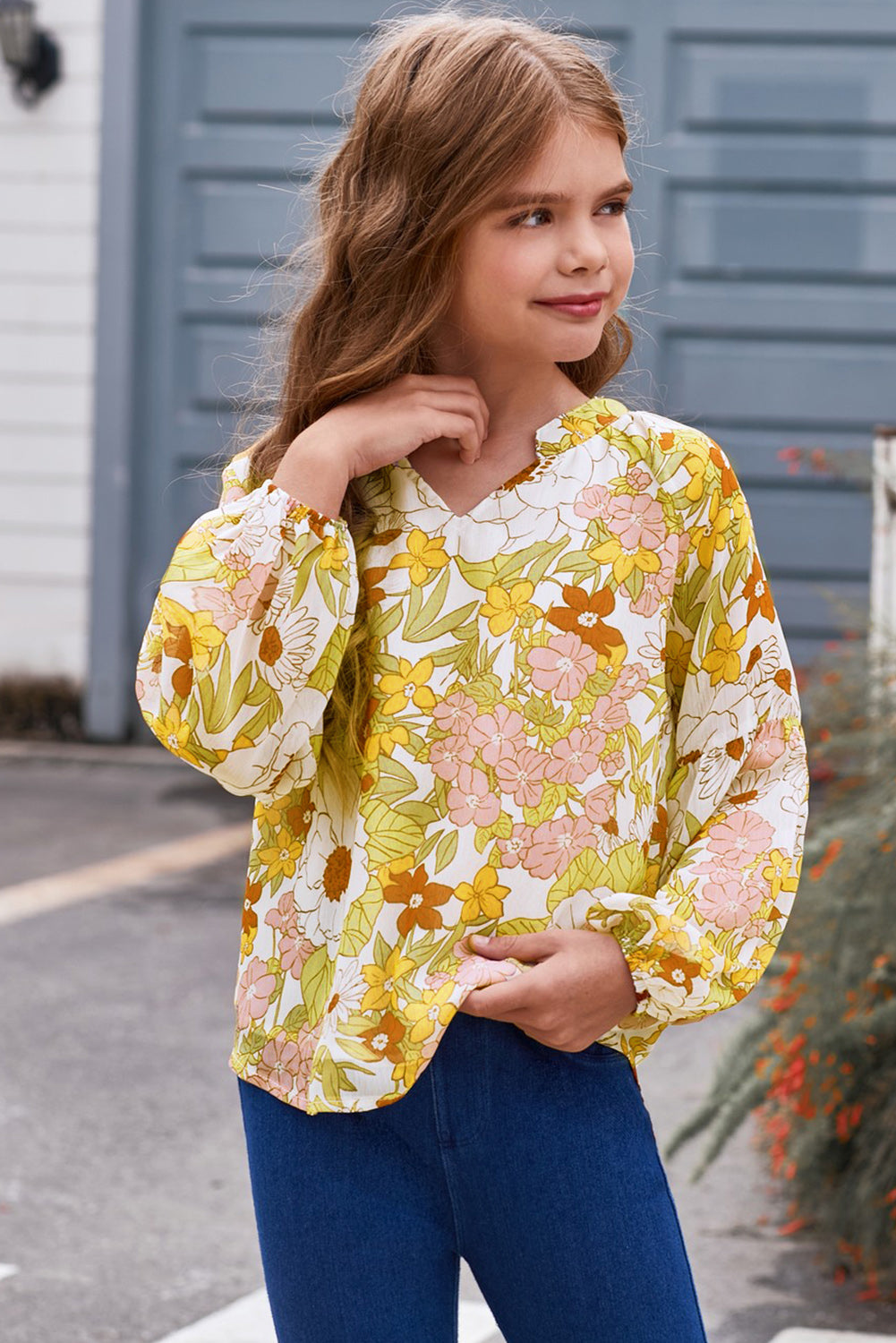 Girls Printed Notched Neck Puff Sleeve Blouse