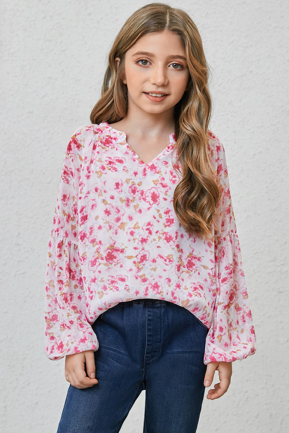 Girls Printed Notched Neck Puff Sleeve Blouse