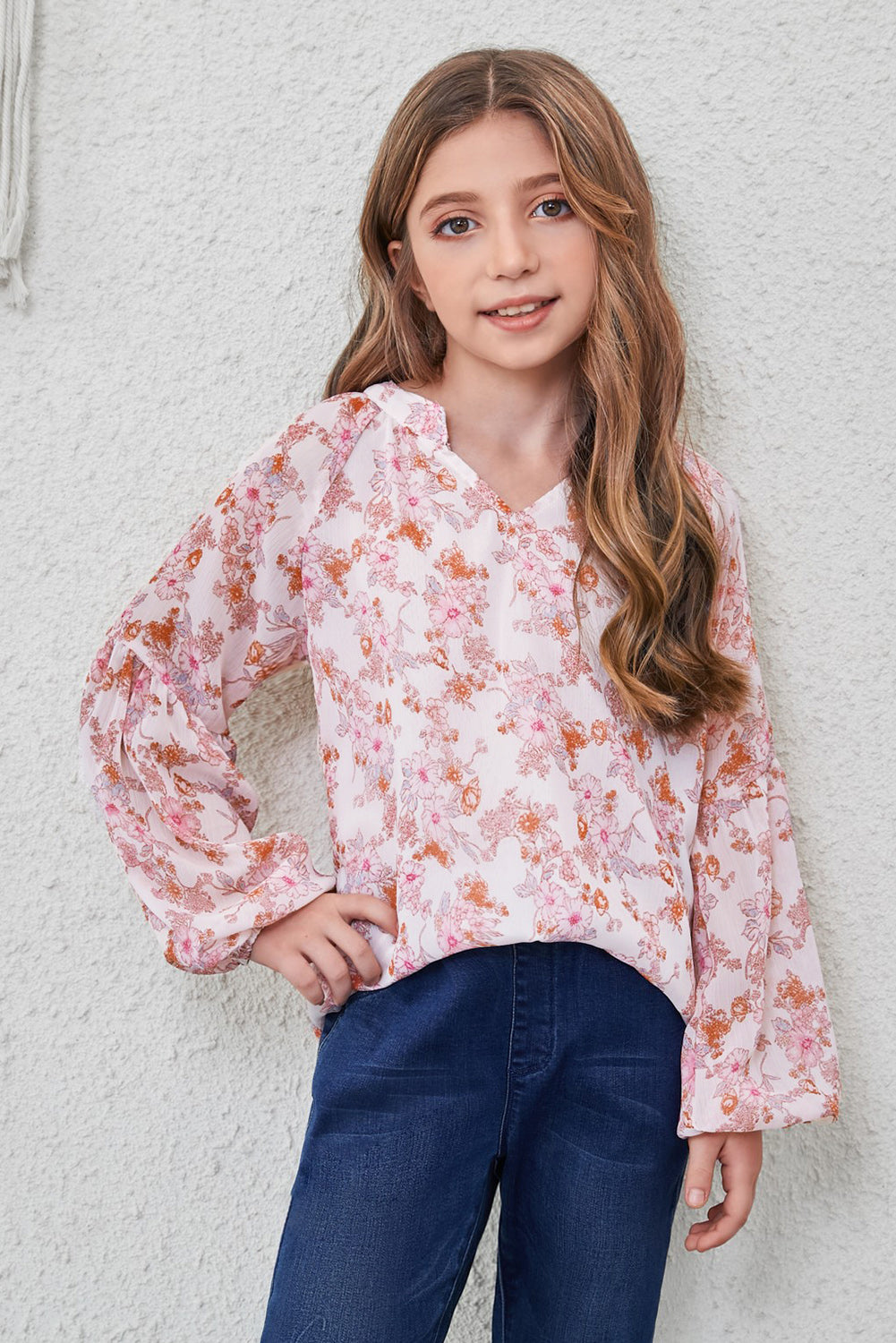 Girls Printed Notched Neck Puff Sleeve Blouse