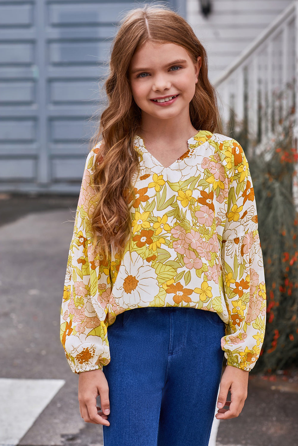 Girls Printed Notched Neck Puff Sleeve Blouse