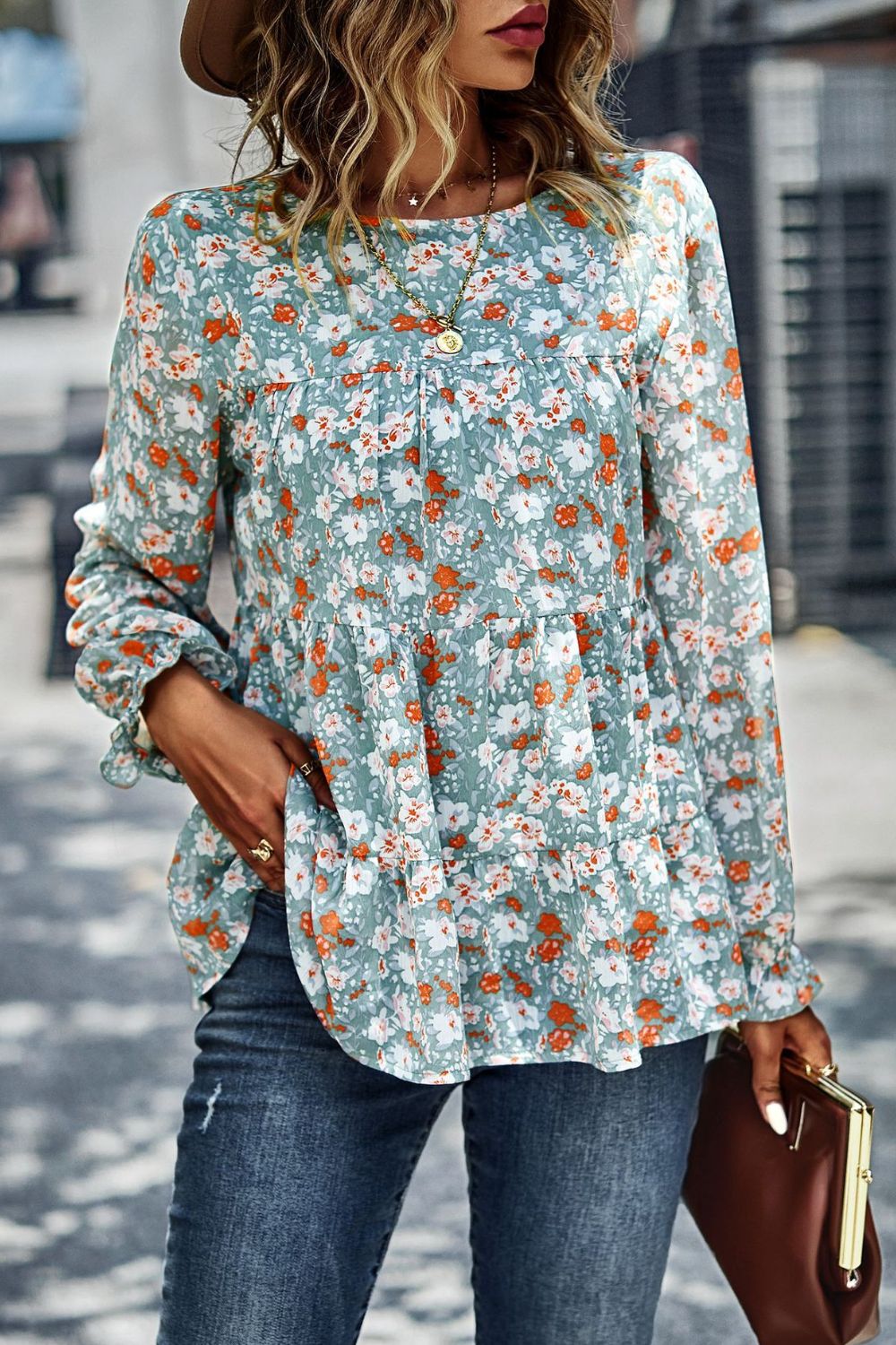 Floral Flounce Sleeve Tiered Blouse