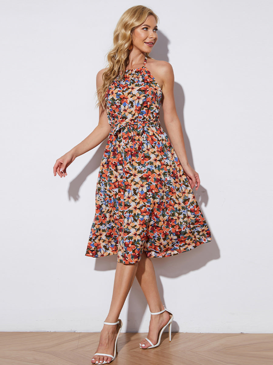 Floral Halter Neck Tie-Waist Backless Dress