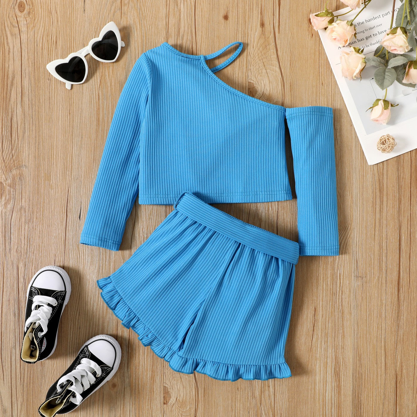 Girls Ribbed Top and Belted Ruffle Hem Shorts Set