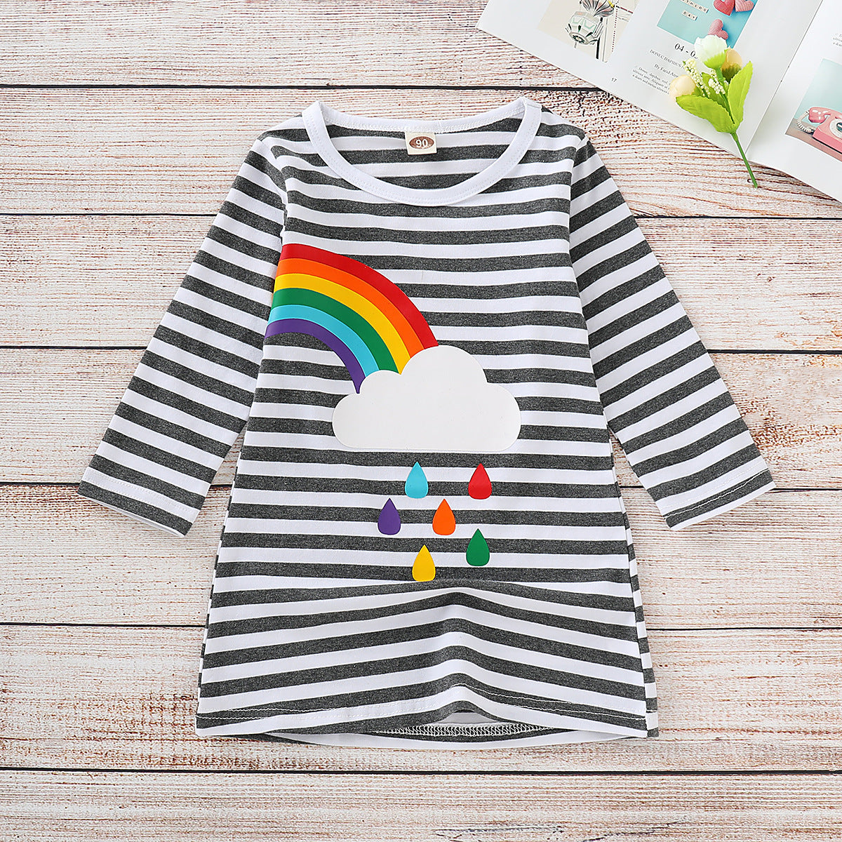 Girls Rainbow Graphic Striped Long Sleeve Dress