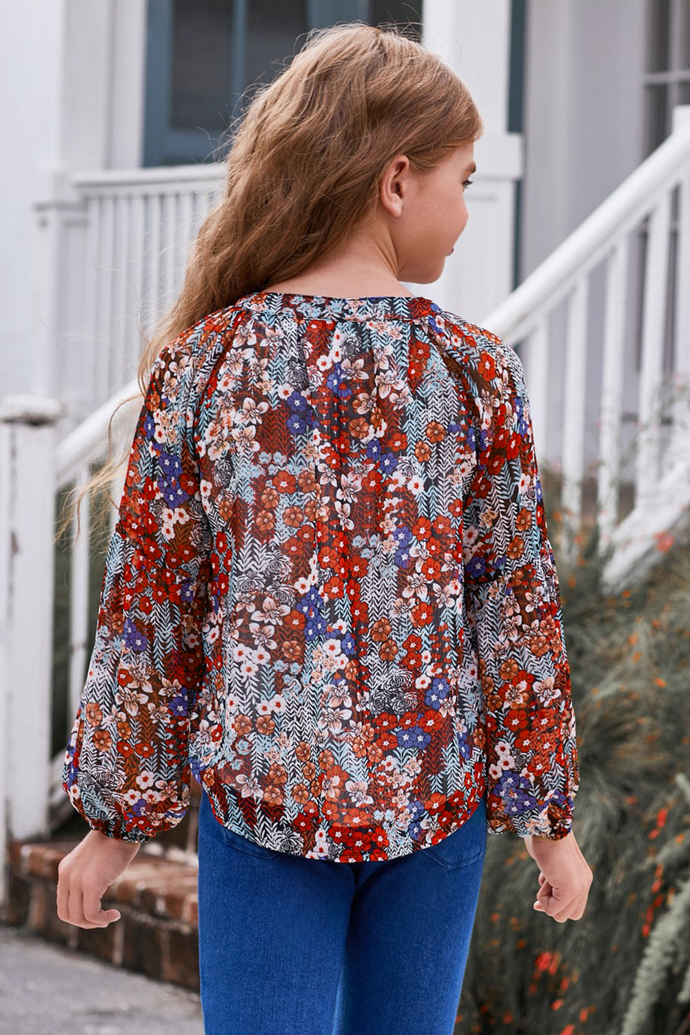 Girls Printed Notched Neck Puff Sleeve Blouse