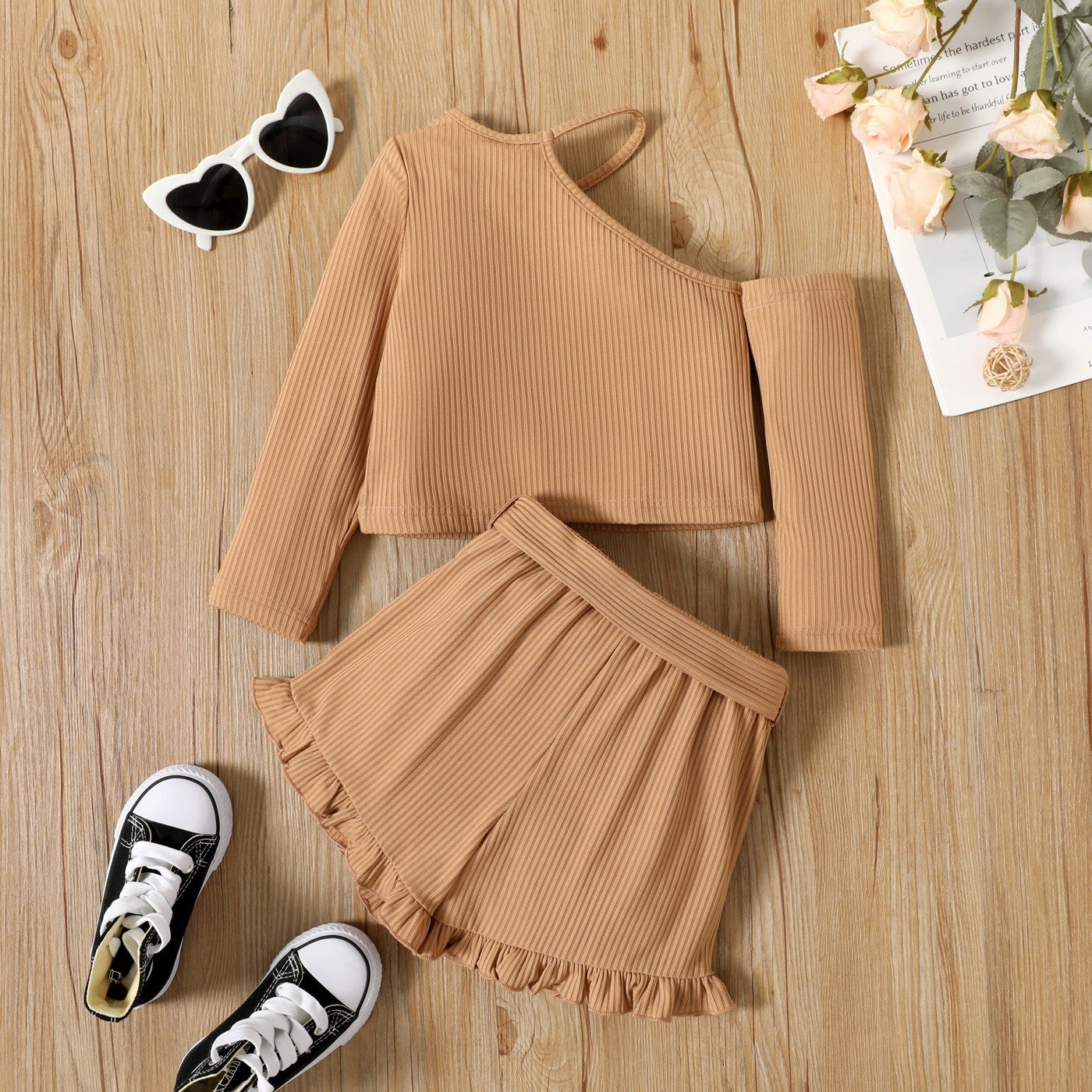 Girls Ribbed Top and Belted Ruffle Hem Shorts Set