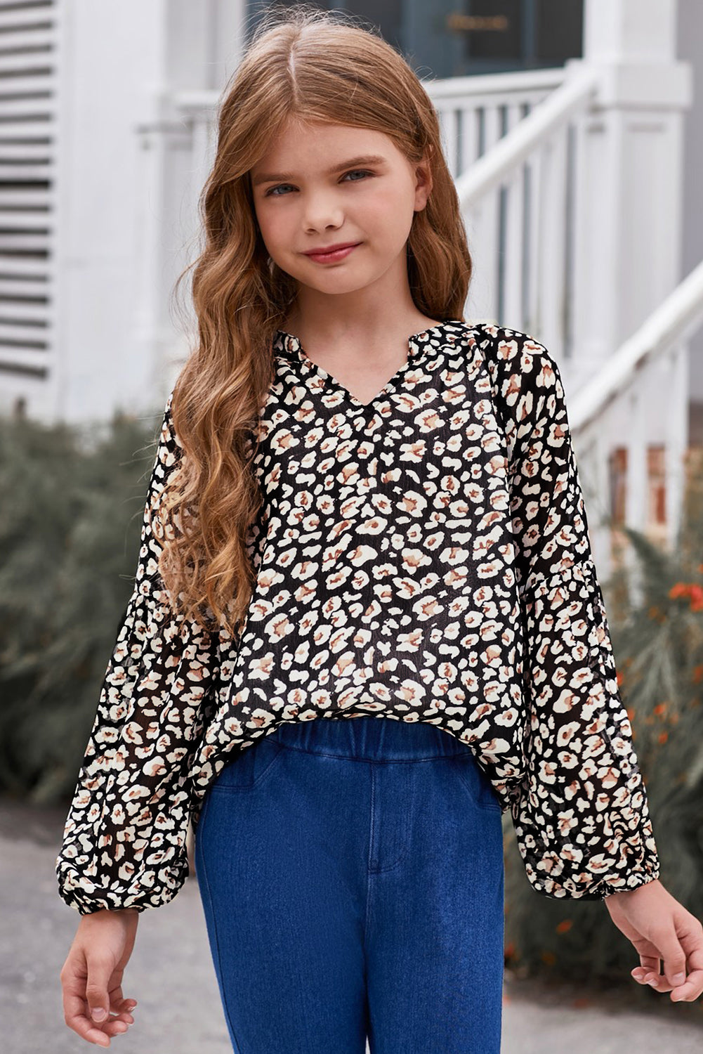 Girls Printed Notched Neck Puff Sleeve Blouse