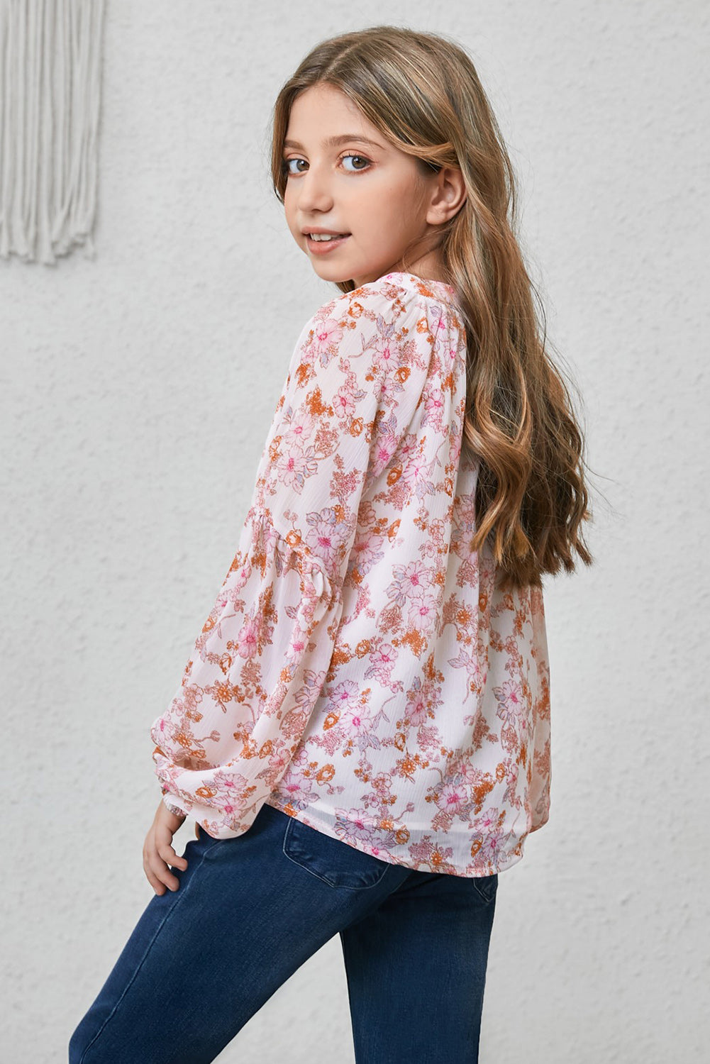 Girls Printed Notched Neck Puff Sleeve Blouse