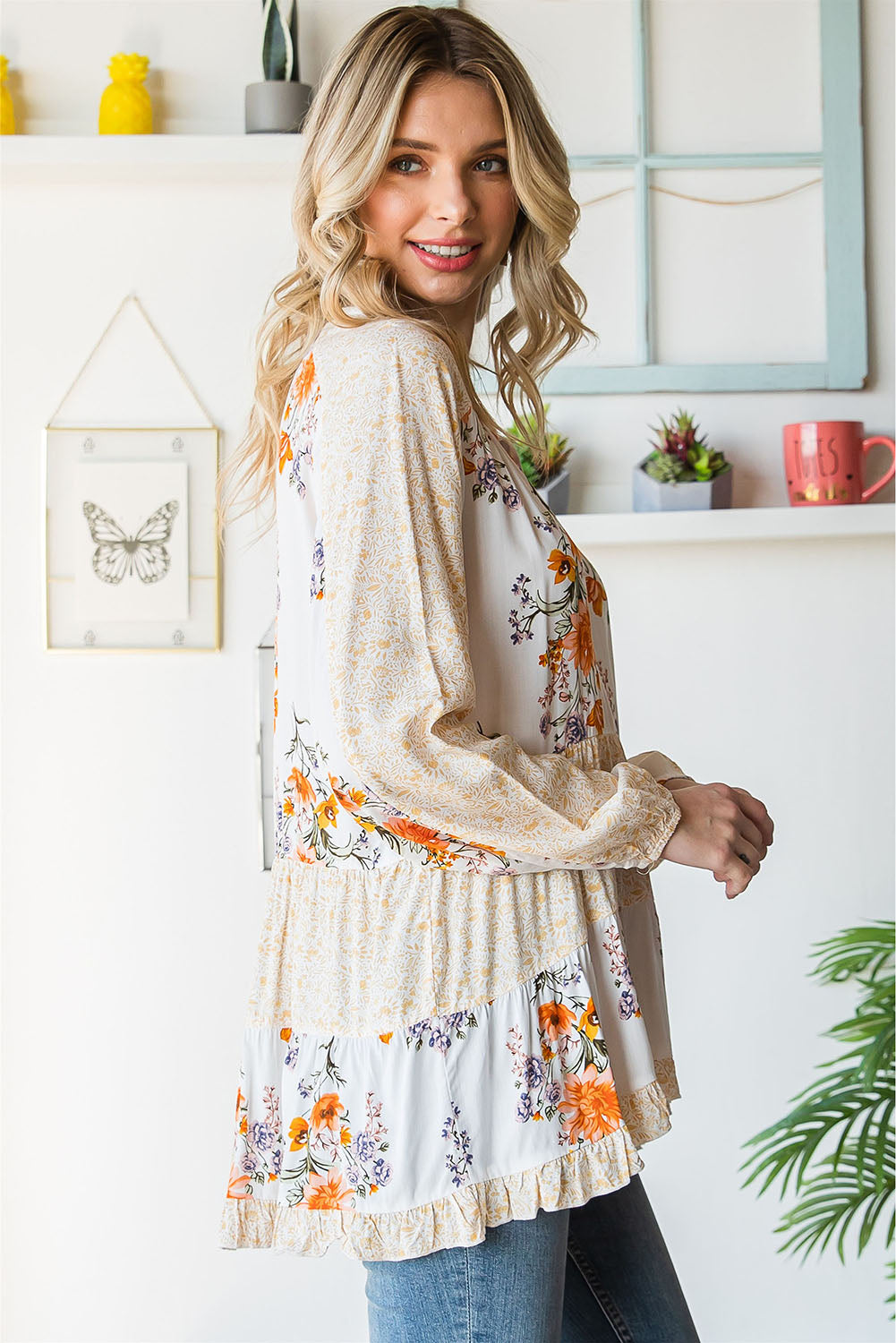 Floral Tie Neck Tiered Blouse